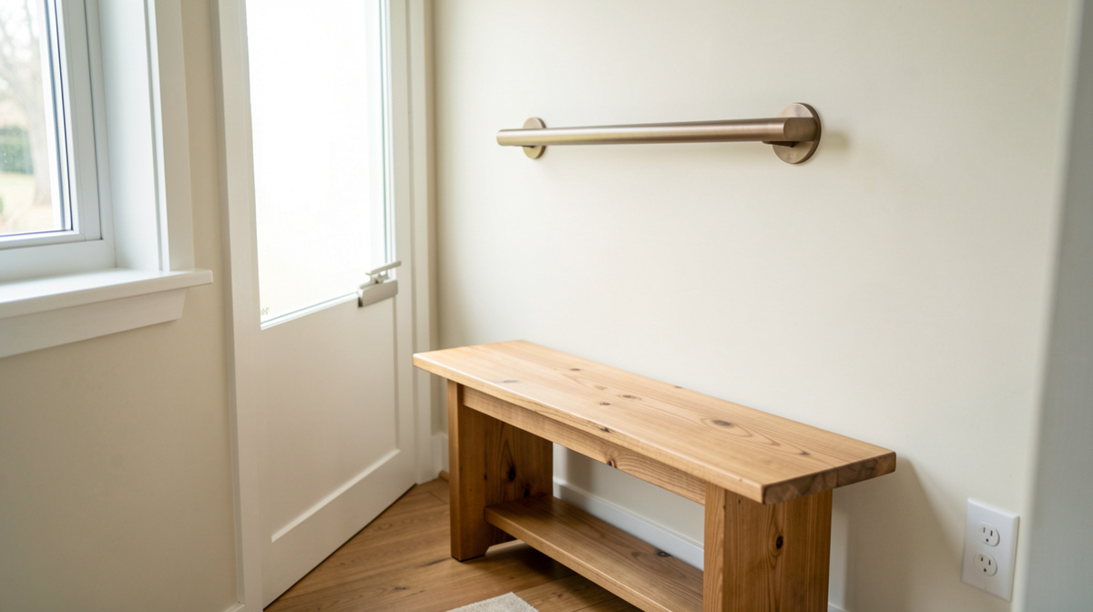 A bright entryway of a home with a zero-step threshold, a wooden bench, and a wall-mounted grab bar, lit by soft morning light from a side window, medium shot from the interior.