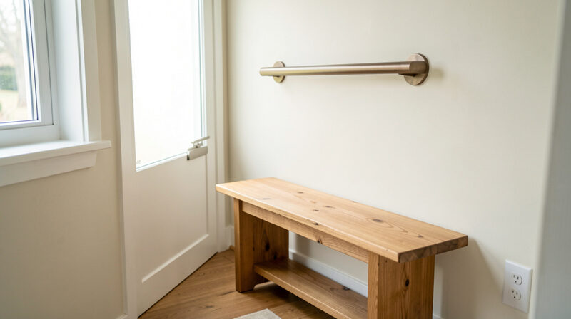 Illustration: A bright entryway of a home with a zero-step threshold, a wooden bench, and a wall-mounted grab bar, lit by soft morning light from a side window, medium shot from the interior in New York City, drawn for Curb and Container readers.