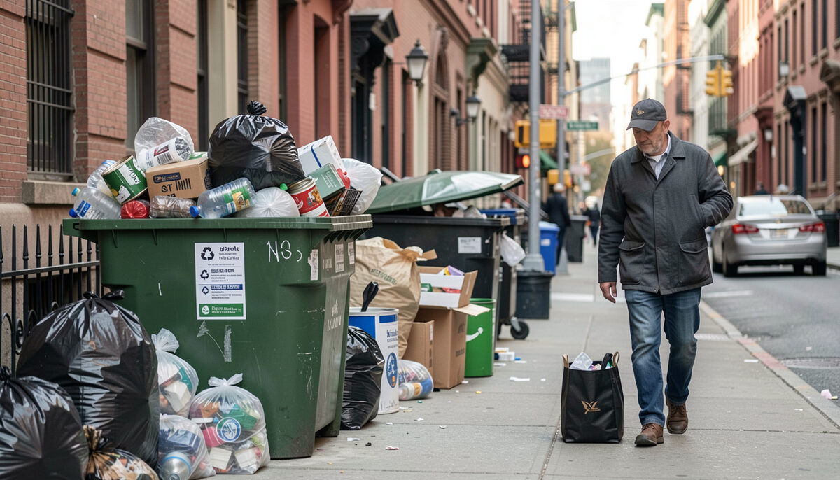 Illustration: A workbench in an unheated garage in late November, bundles of noble fir tips stacked beside a wire wreath ring, spool wire and cutters on a folded cloth, cold daylight from an open side door in New York City, drawn for Curb and Container readers.