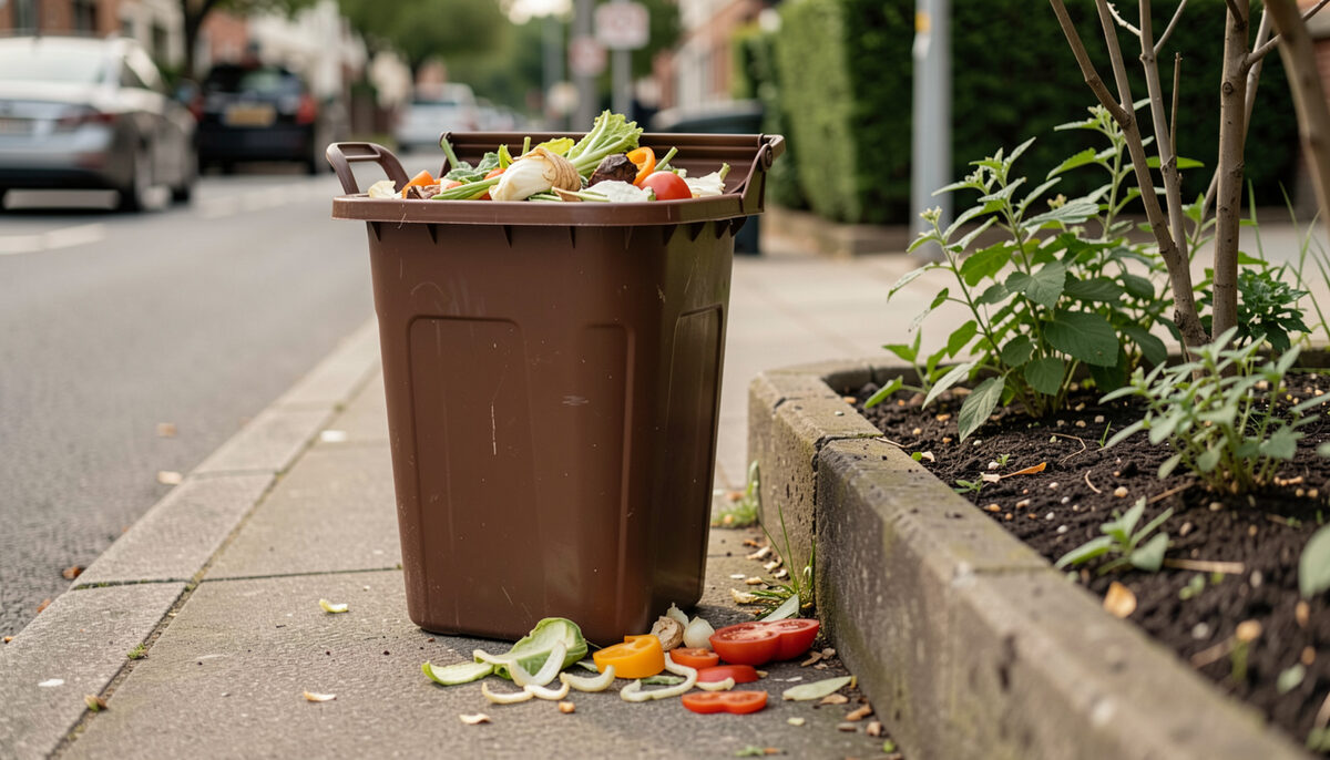Illustration: A corner compost heap behind a small garden fence with a fork leaning on it in New York City, drawn for Curb and Container readers.