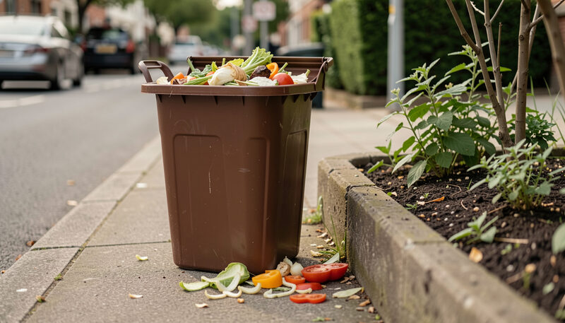 Illustration: A corner compost heap behind a small garden fence with a fork leaning on it in New York City, drawn for Curb and Container readers.