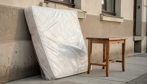 Illustration: A sofa and taped moving boxes waiting beside a stoop on a residential sidewalk in New York City, drawn for Curb and Container readers.