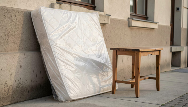 Illustration: A sofa and taped moving boxes waiting beside a stoop on a residential sidewalk in New York City, drawn for Curb and Container readers.