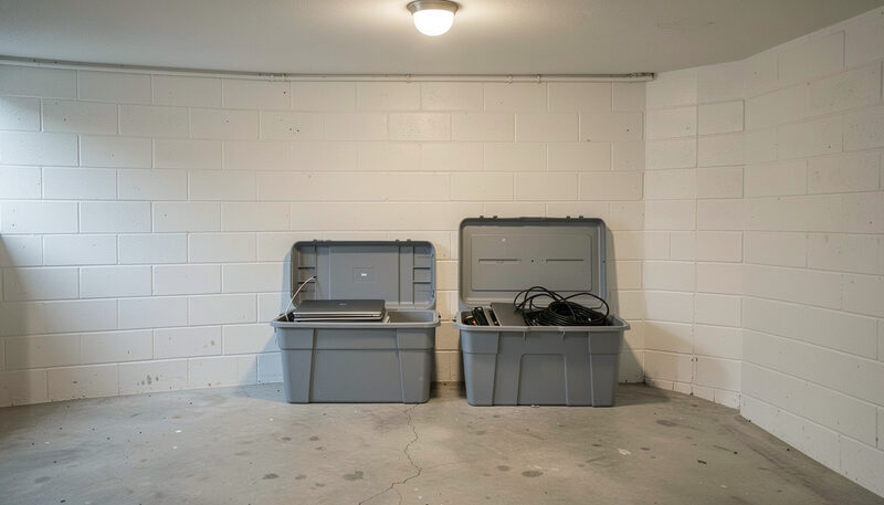Illustration: two open grey storage bins in a clean building basement room, one holding old laptops and the other coiled charging cables, under a ceiling light.