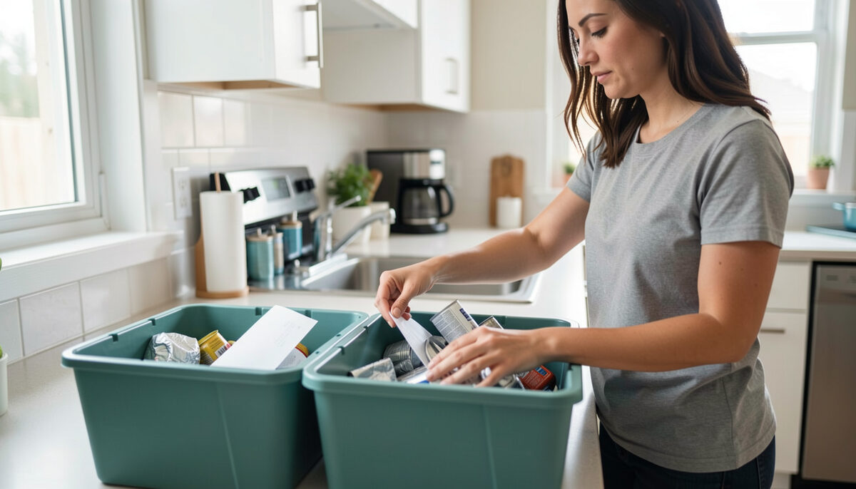 Illustration: A resident sorting paper and metal recyclables into two bins in a bright apartment kitchen in New York City, drawn for Curb and Container readers.