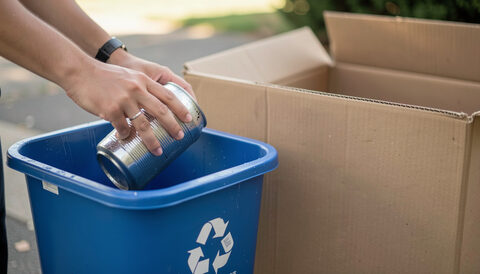 Illustration: Hands placing a rinsed metal can into a blue recycling bin beside plain flattened cardboard in New York City, drawn for Curb and Container readers.