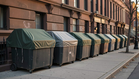 Illustration: A row of covered bins lined along a sidewalk at early evening with a brownstone facade behind them in New York City, drawn for Curb and Container readers.